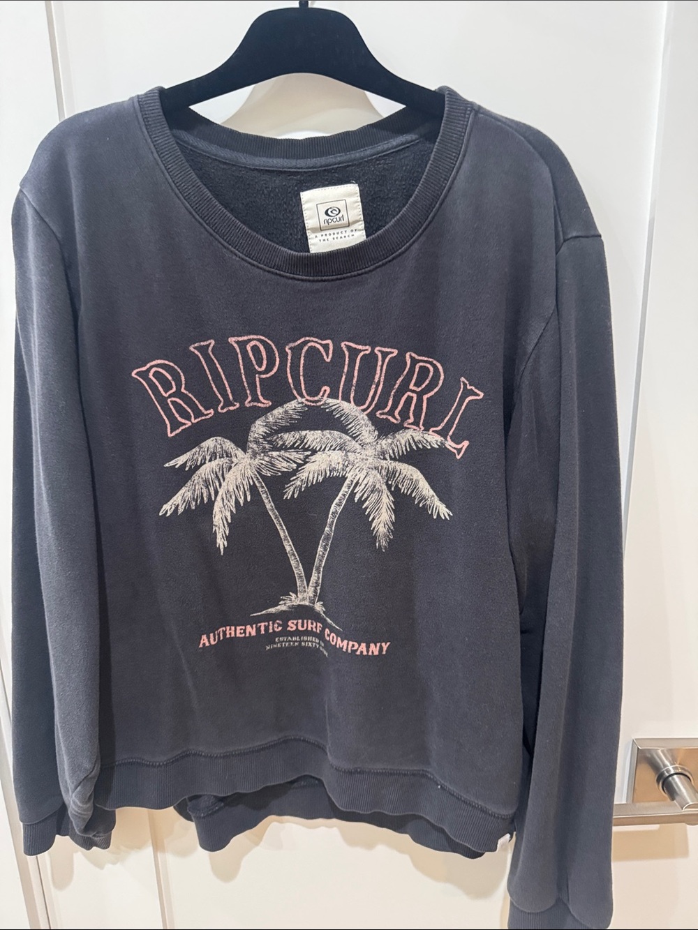 Rip Curl Black Crewneck Sweatshirt with Pink Logo & Palm Graphic